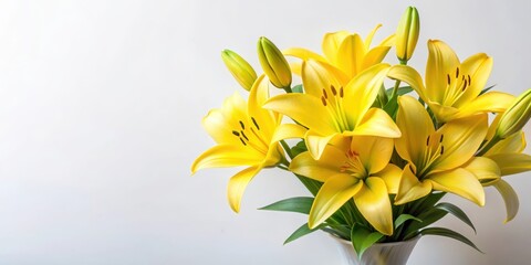 Obraz premium Fresh yellow lily flowers arranged in a elegant bouquet on a simple white background, spring flowers, yellow lily flowers
