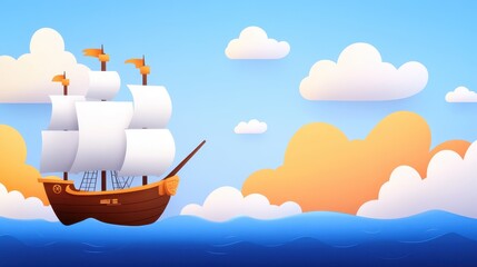Colorful cartoon ship sailing on a calm sea, vibrant clouds and sunset in background, perfect for adventure themes or children’s stories.