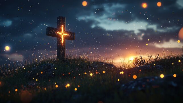 Glowing Cross at Sunset: A Spiritual Landscape