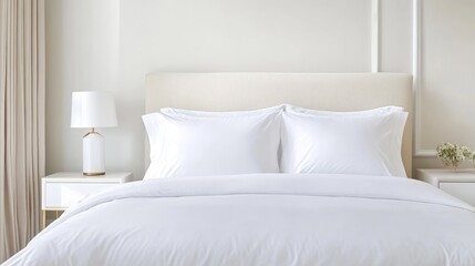 Obraz premium A pristine white duvet covers a bed with crisp white pillows and a light beige headboard. A simple lamp sits on a bedside table. The image is high-resolution, well-lit, and features a minimalist aesth