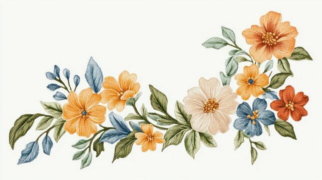 Colorful watercolor flowers and leaves arrange beautifully on white background