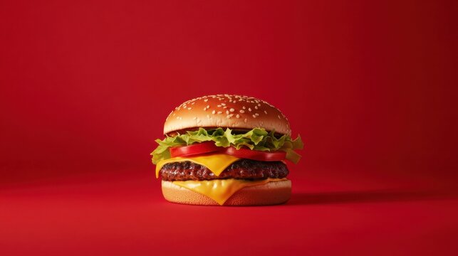 A delicious cheeseburger with lettuce, tomato, and cheese. Featuring indulgence and flavor