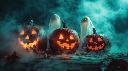 Naklejka premium Spooky Halloween Jack o lanterns and Ghosts