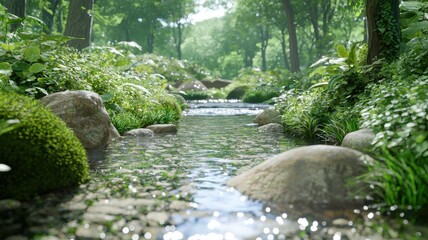 Tranquil forest stream flowing through lush greenery under soft sunlight, creating a peaceful natural scene.