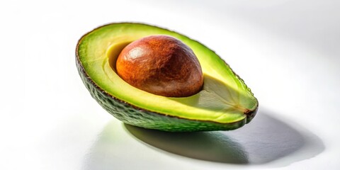 Eine reife Avocado mit halber Schale auf einer wei?en Oberfl?che isoliert, im Licht der Sonne gelegt