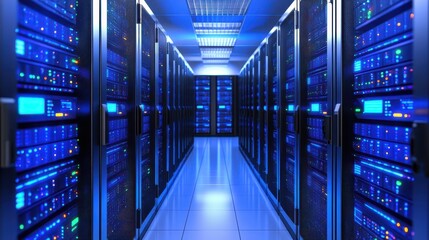 Obraz premium Modern data center ambiance, rows of sleek servers illuminated in blue light, technology hub with copy-space for text.