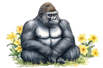 Realistic Gorilla Sitting Among Bright Yellow Flowers in Nature