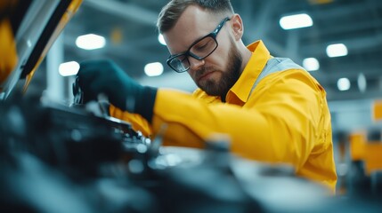 Fototapeta premium Focused technician in bright yellow gear, engaged in precision engineering work, dynamic workshop environment, vibrant energy.