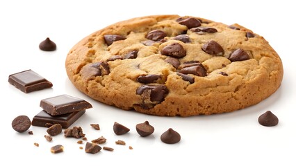 A classic chocolate chip cookie shown clearly on white, ideal for bakery ads, product photos, and snack promos.