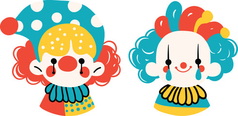 Colorful Cartoon Clown Heads with Playful Expressions and Hairstyles