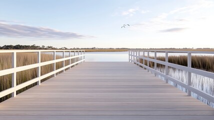 Obraz premium Tranquil pier extending over serene lake with reeds and soft sky, perfect nature escape.