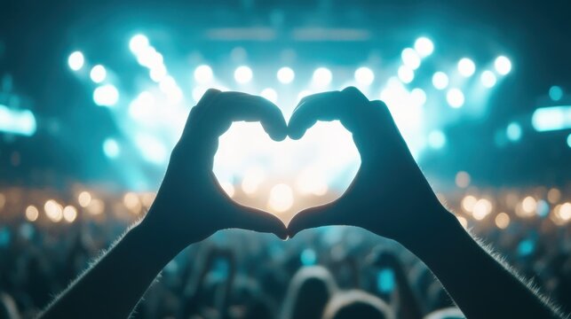 Hands forming a heart shape, vibrant concert atmosphere with bright lights, expressing love for music and connection.