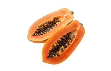 Fresh papaya slices with seeds, isolated on white, transparent background PNG image for easy use