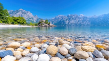 Serene lake shore with crystal-clear water, colorful pebbles, and majestic mountains