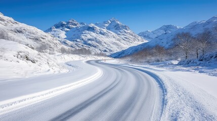 A winding snow-covered road curves through a mountainous winter landscape. The mountains are majestic and snow-capped under a bright blue sky. The image is high-resolution, with crisp details and ex