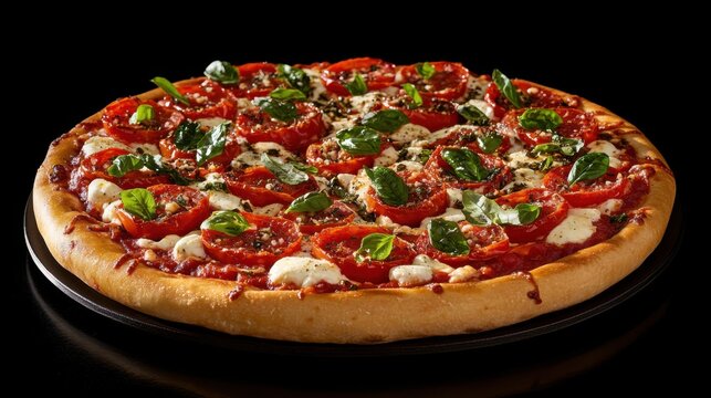 A delicious gourmet pizza with mozzarella, tomatoes, and basil. Featuring flavor and indulgence