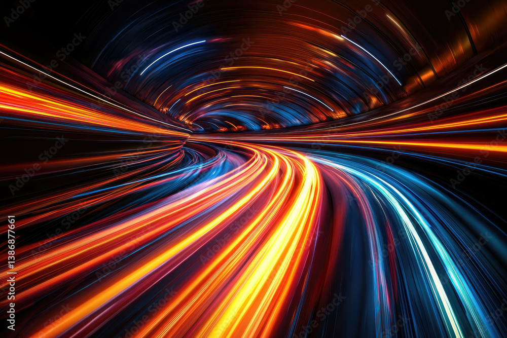 Poster abstract image of vibrant light trails curving through a dark tunnel, suggesting speed and motion.