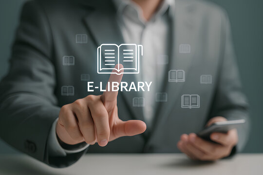 Man in gray suit tapping a glowing e-library icon with floating book symbols.