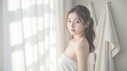 Beautiful Asian Woman Wrapped in Towel After Bath in Bright Bathroom, Natural Light, Beauty and Self-Care Concept