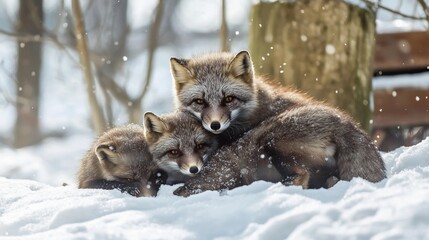 Three Silver Foxes Huddled in Winter Snow