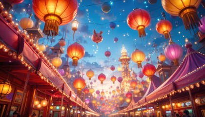 Obraz premium Illuminated Lanterns Above a Festive Streetscape at Dusk.