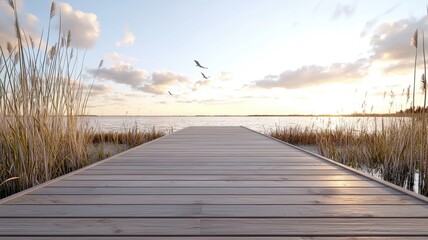 Fototapeta premium Tranquil wooden pier extending into serene lake at sunrise, surrounded by reeds and calm waters.