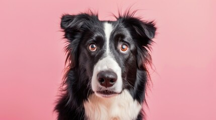 Fototapeta premium Funny border collie dog looking at camera isolated on pink pastel background. Generated AI image