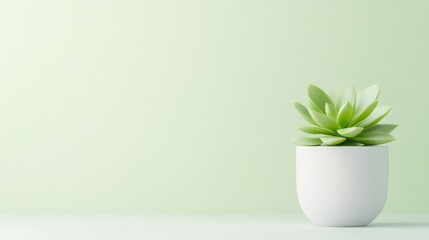 A succulent plant sits in a small white pot against a pale green background. The image is simple, minimalist, and features soft lighting. The style is clean and modern, with a calming, peaceful mood.