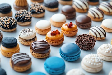 Obraz premium Artful display of patisserie treats under soft lighting gourmet dessert showcase elegant environment close-up view culinary delight