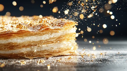 Golden pastry delight with sparkling sugar topping close-up capture bright overhead light sweet treat concept