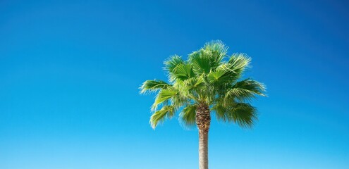 Fototapeta premium Single Palm Tree Against a Vibrant Blue Sky: A Tropical Paradise