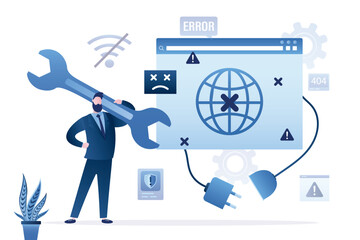 Wifi repair concept. Repair and fix Wireless network. Access denied, errors. Wireless network not working and no internet connection is available. Repairman with wrench,