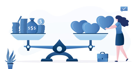 Life and work balance on scales. Smart woman keep harmony choose between career and money versus health and time. Comparison stress and healthy life, family,