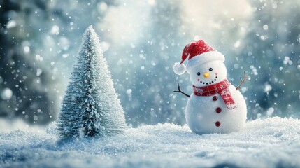 Fototapeta premium Festive Snowman Snow Covered Christmas Tree in Winter Wonderland