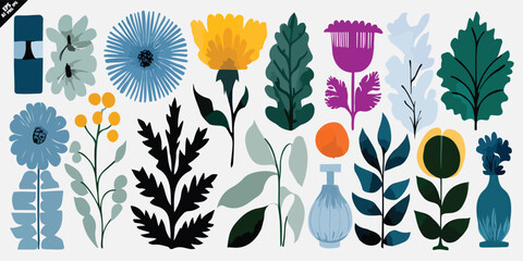 flat botanical cutout vector set in matisse style with blue green and yellow palette
