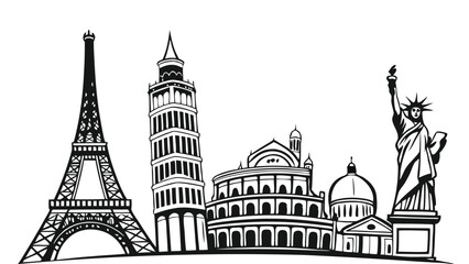 Black and White Sketch of Iconic World Landmarks. Minimalist line art featuring Eiffel Tower, Colosseum, Taj Mahal, Statue of Liberty, and more in a clean row on White Background