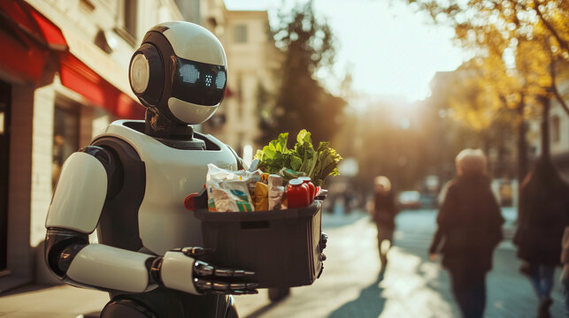 robot assistant carries groceries for its owner along a sunny city street, practical applications of robotics in daily life
