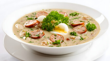 Delicious Sour Rye Soup with White Sausage and Egg Garnish for Comforting Meal Pleasure