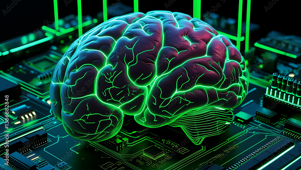 Poster a glowing brain on a circuit board illuminated with green light and dark background in close up view