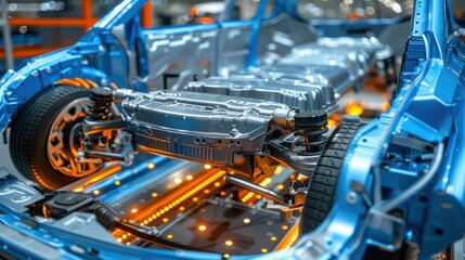 A silver car is being built in a factory