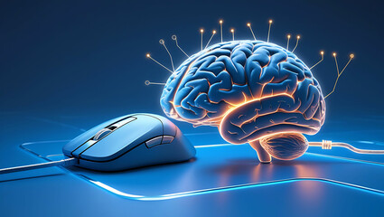 Illuminated brain model with neural connections and a computer mouse on a blue surface