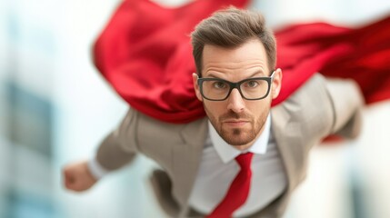 Confident business professional in a suit, man with glasses and red cape soaring through the city, empowering theme, dynamic spirit.
