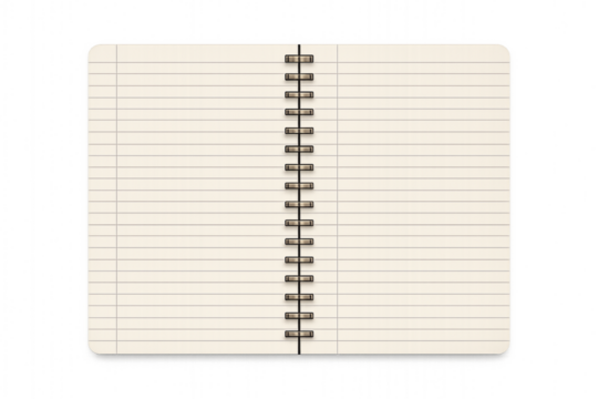 Open spiral-bound notebook with blank lined pages, isolated on transparent background