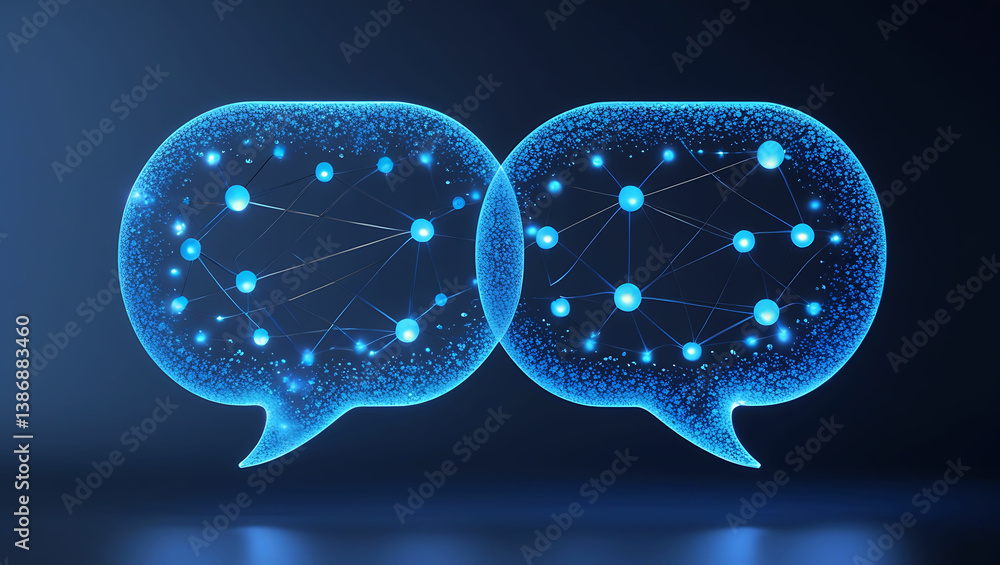 Poster two interconnected speech bubbles with glowing nodes and lines on a dark blue background