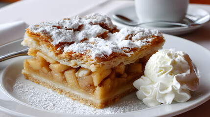 Delicious Polish Szarlotka with Tender Apple Slices and Whipped Cream on Elegant Plate