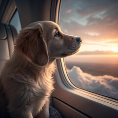 Flying High: Golden Retriever Puppy Looking Out Airplane Window

