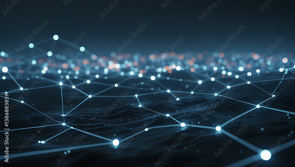 Poster glowing network of connections over a dark surface with blurred lights in the background abstract vi