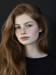 Naklejka premium Radiant Portrait, A Captivating Young Woman with Freckles and Red Hair