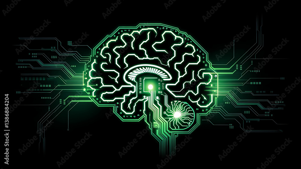 Poster a glowing green brain outline connected to circuit board lines on a black background design concept