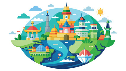 Fototapeta premium Cartoon Illustration of World Landmarks on a Globe with Hot Air Balloons. Flat graphic travel-themed design featuring iconic architecture and vibrant colors